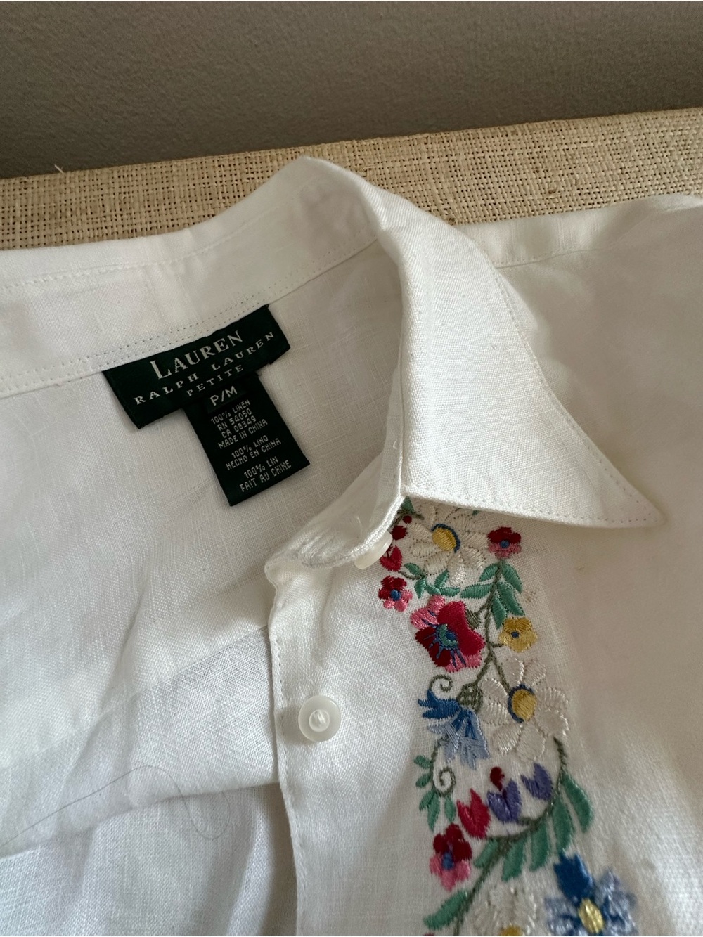 Vintage Linen Ralph Lauren White Long-Sleeve Embroidered Peasant Blouse